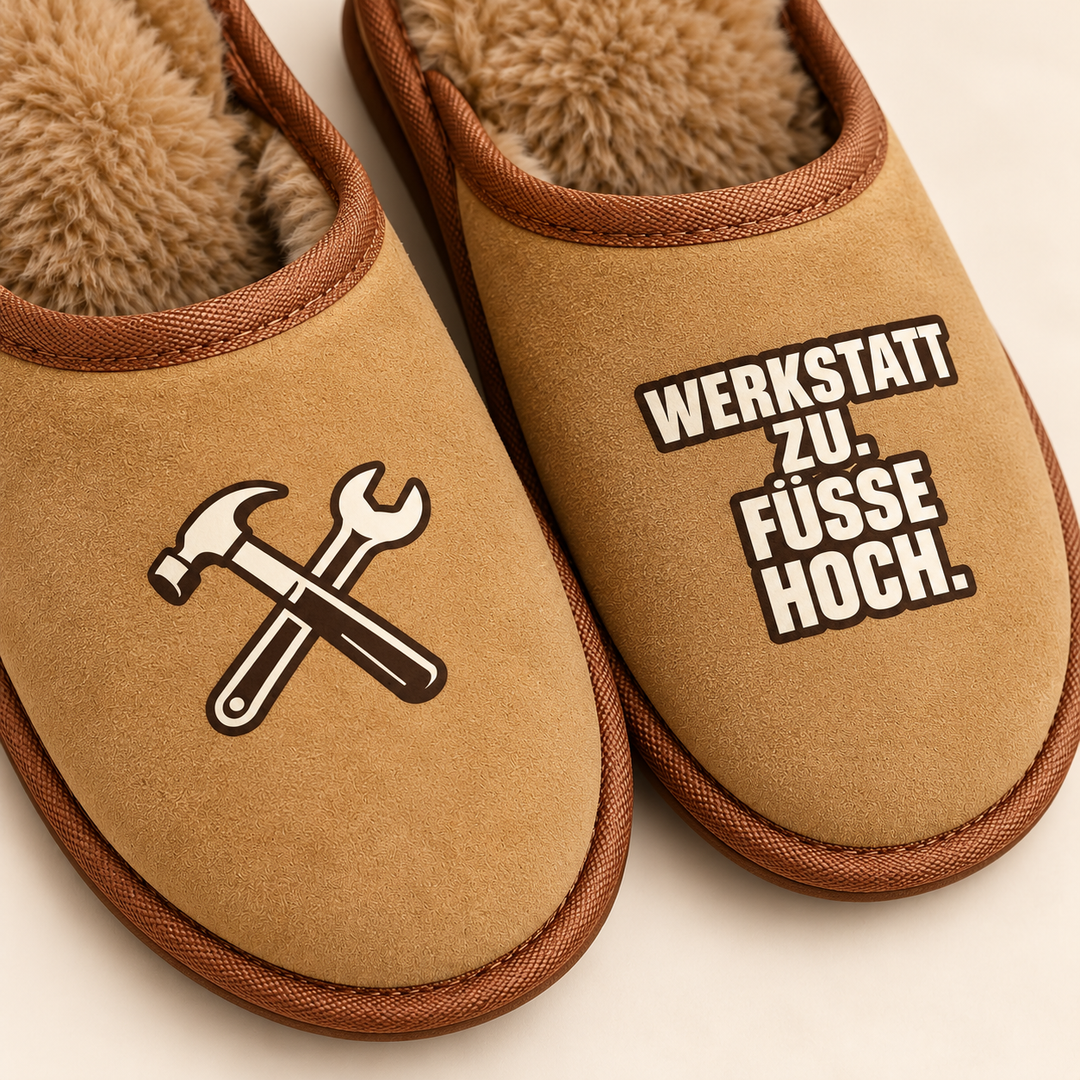 Detailansicht Aufdruck Werkstatt zu Füße hoch