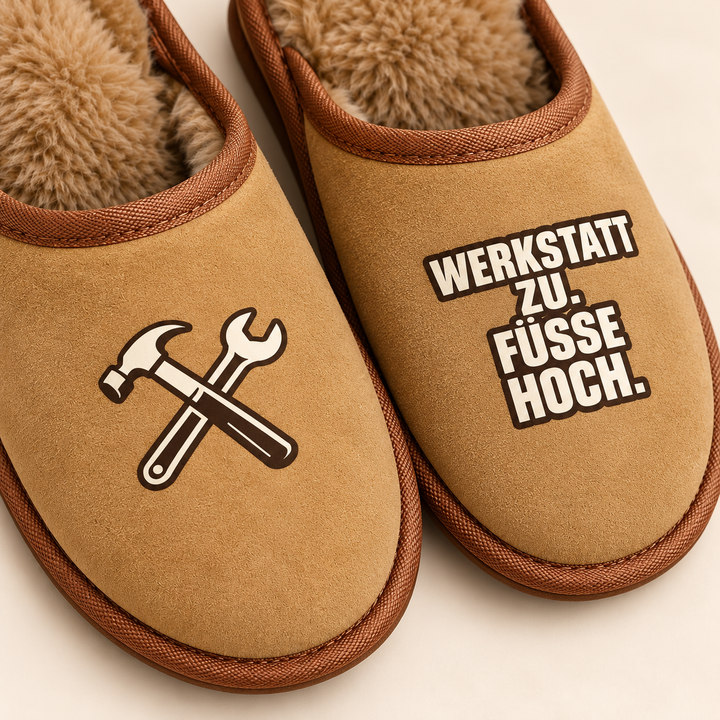 Detailansicht Aufdruck Werkstatt zu Füße hoch