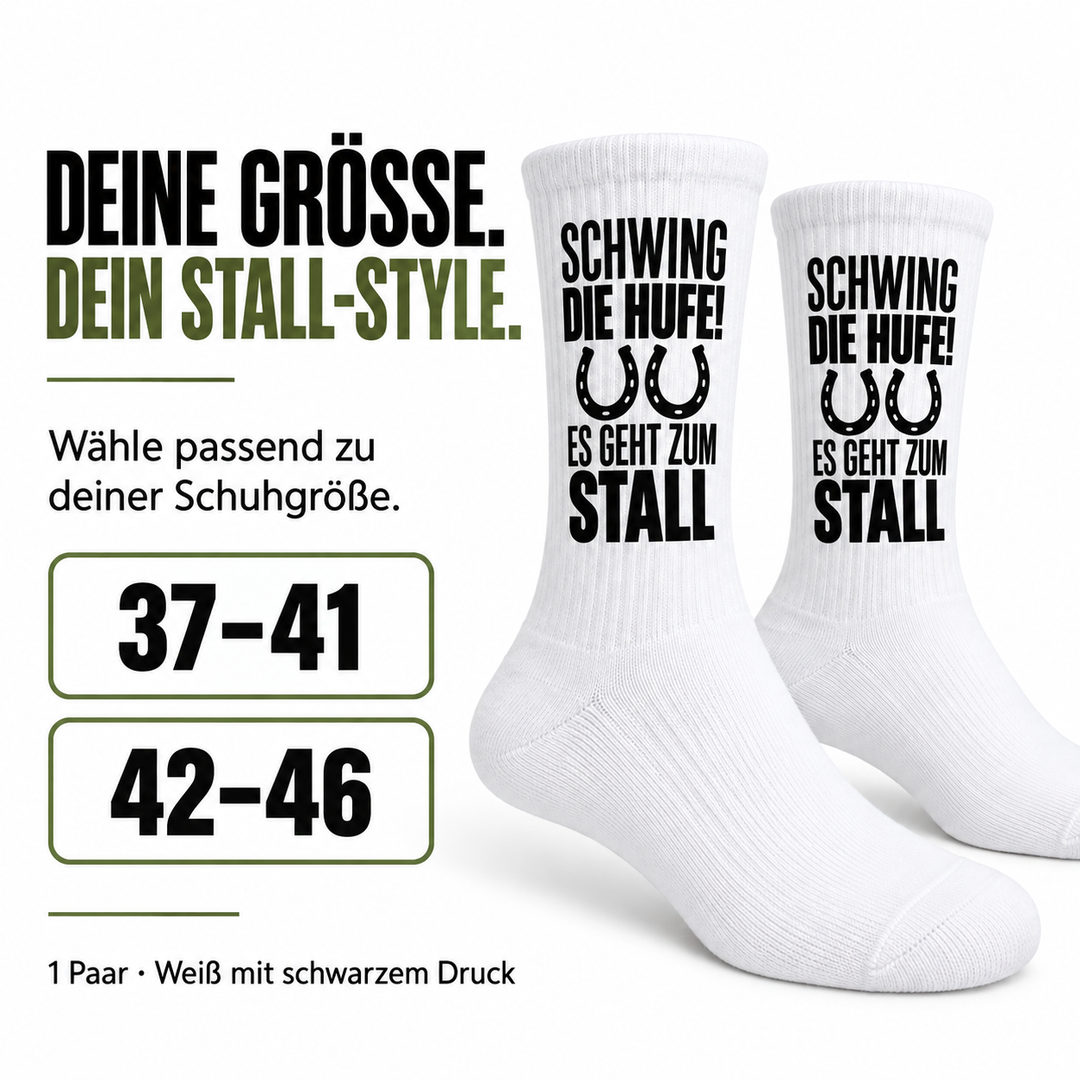 Schwing die Hufe! – weiße Socken mit Hufeisenmotiv – groessen