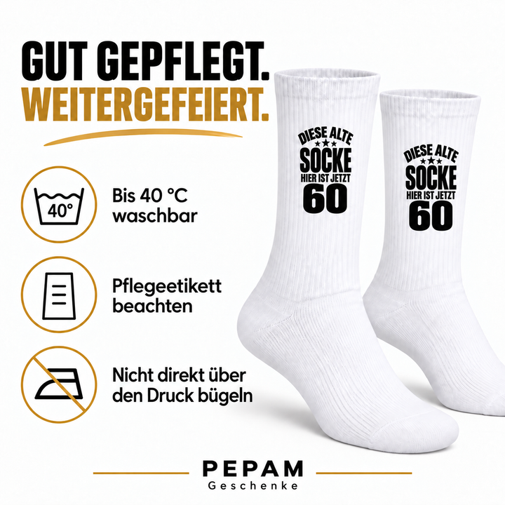 Pflegehinweise für bedruckte Socken zum 60. Geburtstag