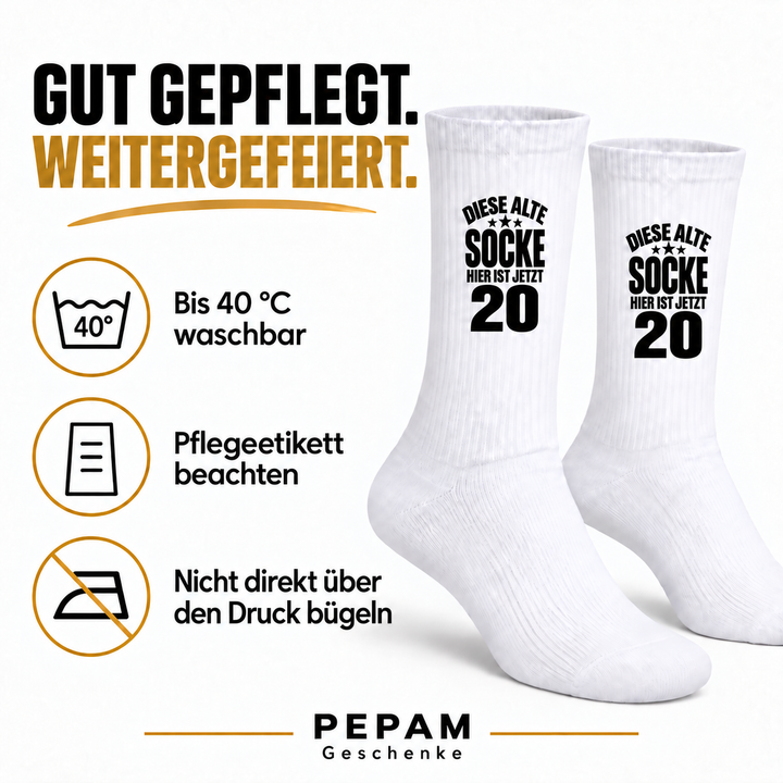 Pflegehinweise für bedruckte Socken zum 20. Geburtstag