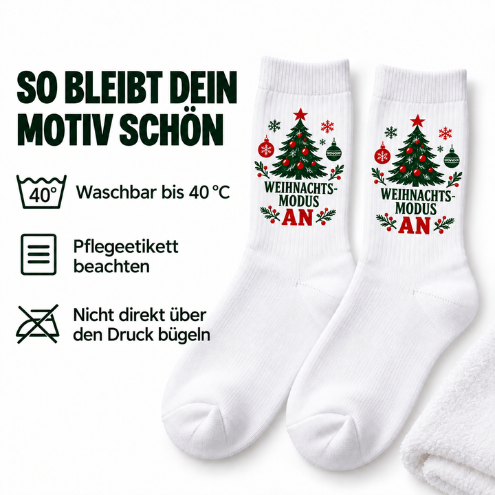Pflegehinweise für bedruckte Weihnachtssocken – waschbar bis 40 Grad