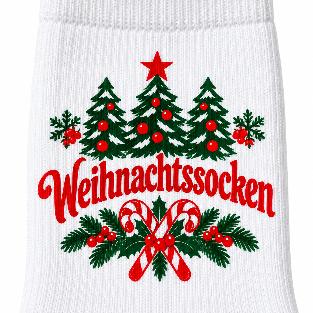Detail des Motivdrucks mit dem Schriftzug Weihnachtssocken