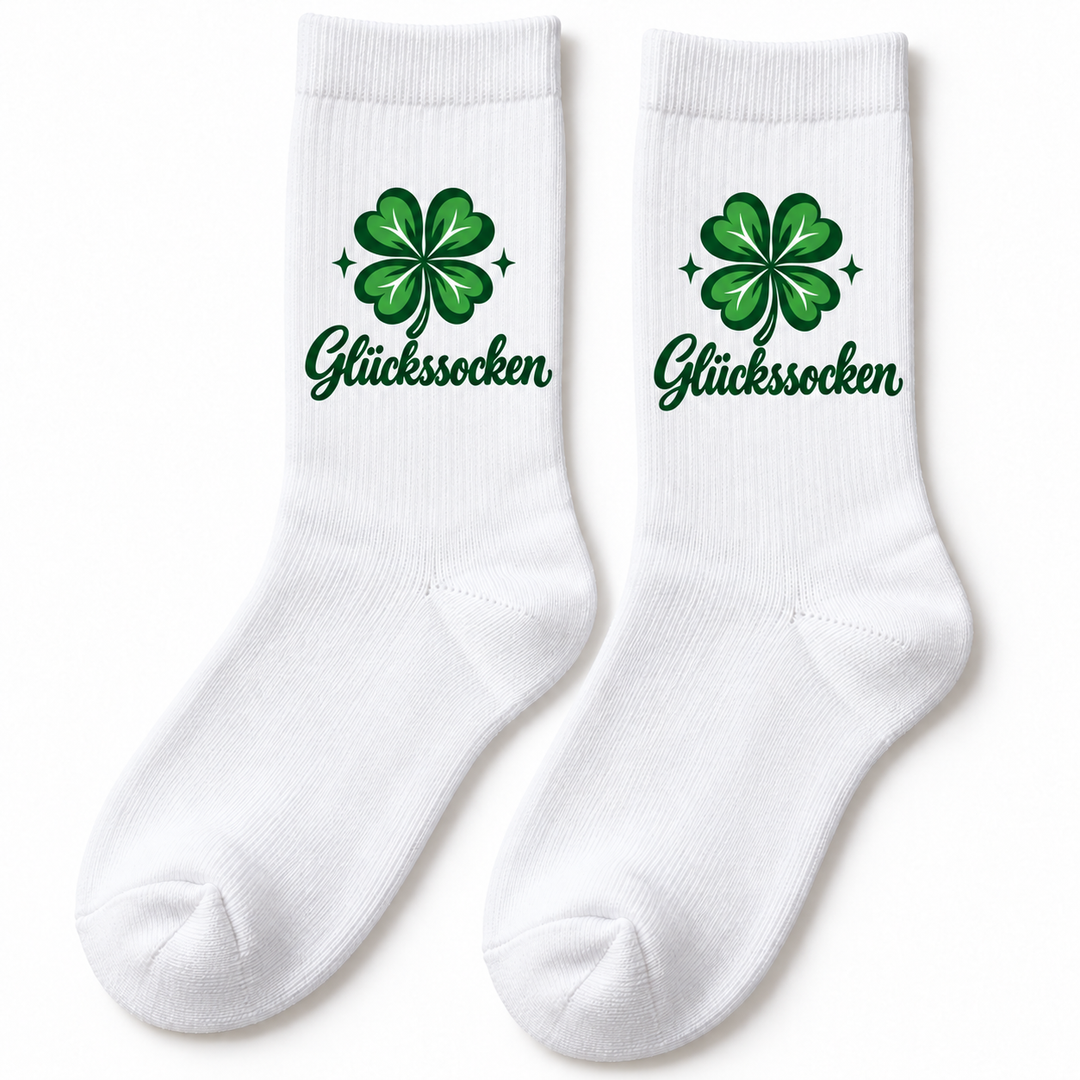 Glückssocken – weiße Socken mit grünem vierblättrigem Kleeblatt, ein Paar