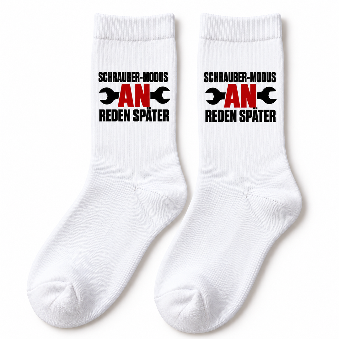 Weiße Schrauber-Modus Socken mit schwarzem und rotem Motiv – ein Paar