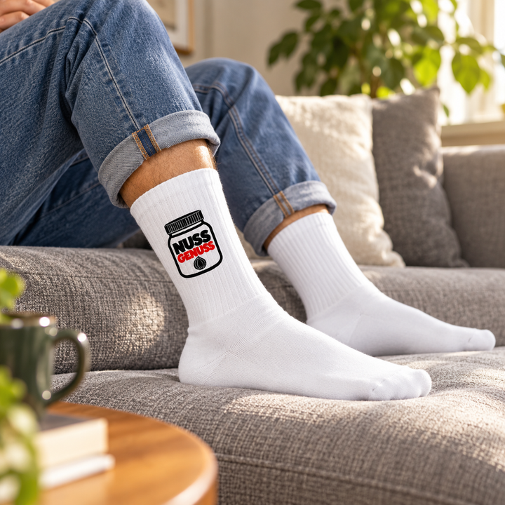 Weiße Nussgenuss-Socken mit Jeans auf dem Sofa