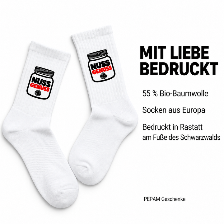 55 Prozent Bio-Baumwolle, Socken aus Europa, bedruckt in Rastatt am Fuße des Schwarzwalds