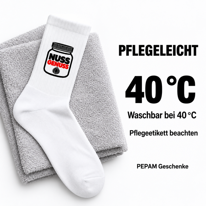 Pflege der Nussgenuss-Socken: waschbar bei 40 Grad, Pflegeetikett beachten