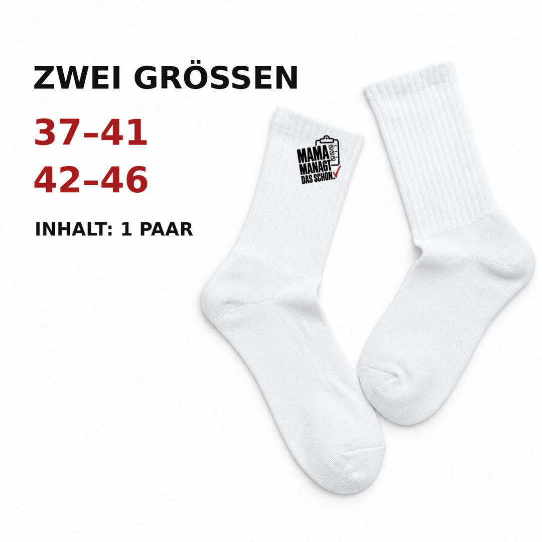 Größenübersicht der Mama-Socken in 37-41 und 42-46, Inhalt ein Paar