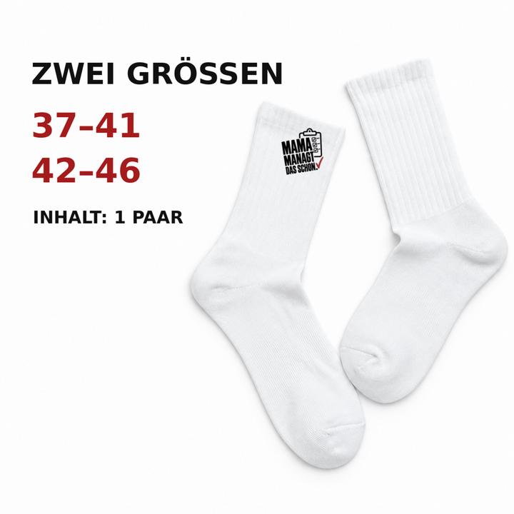 Größenübersicht der Mama-Socken in 37-41 und 42-46, Inhalt ein Paar