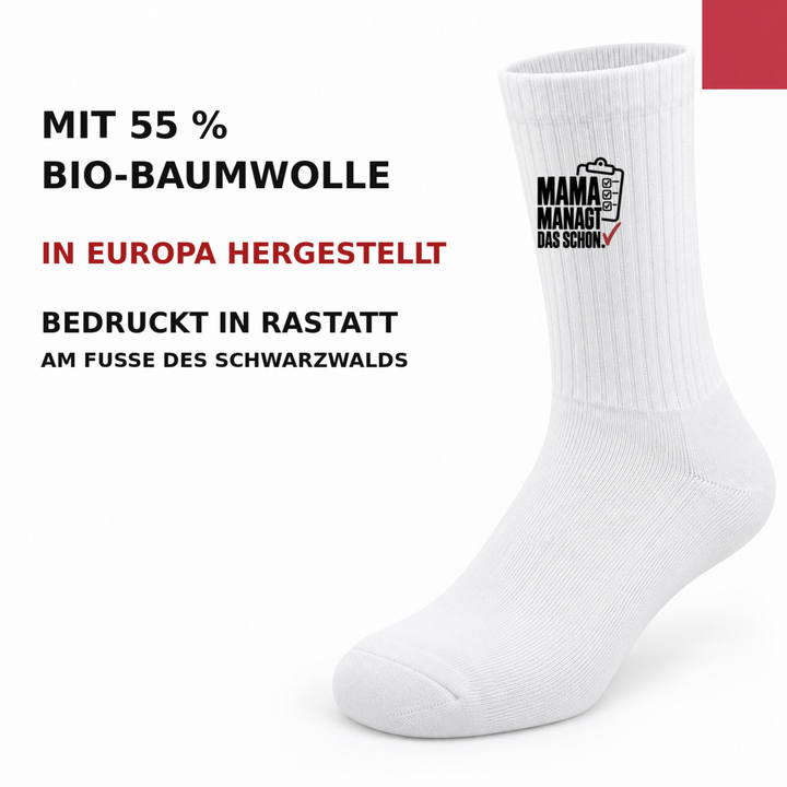 Mama-Socken mit 55 Prozent Bio-Baumwolle, in Europa hergestellt und in Rastatt bedruckt