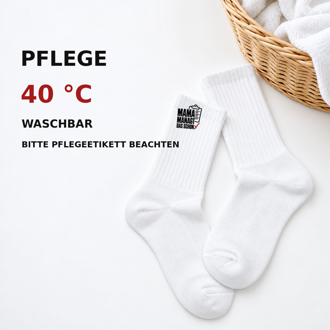 Pflegehinweis für Mama-Socken: waschbar bei 40 Grad Celsius