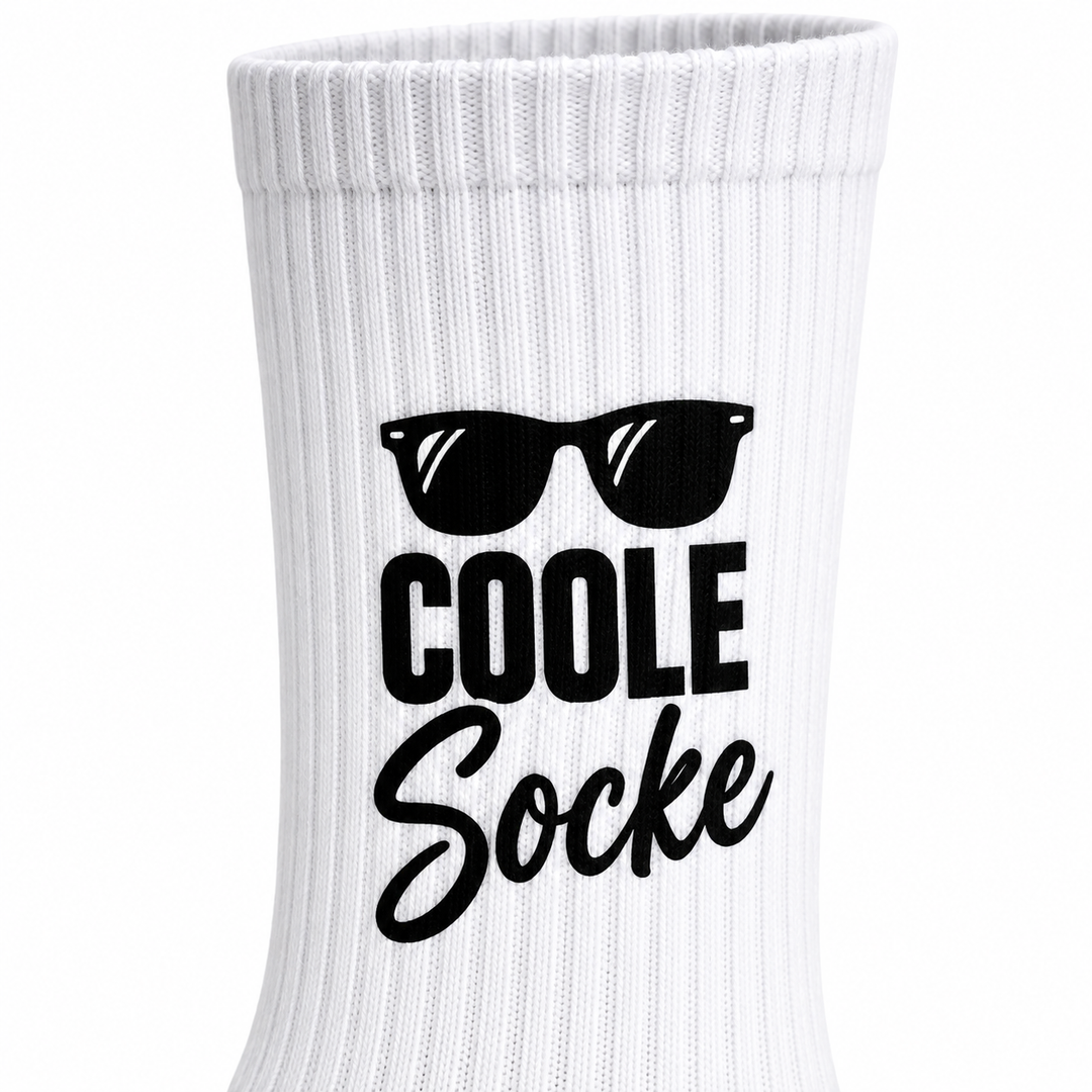 COOLE Socke – weiße Socken mit Sonnenbrille und Druck am Schaft – detail