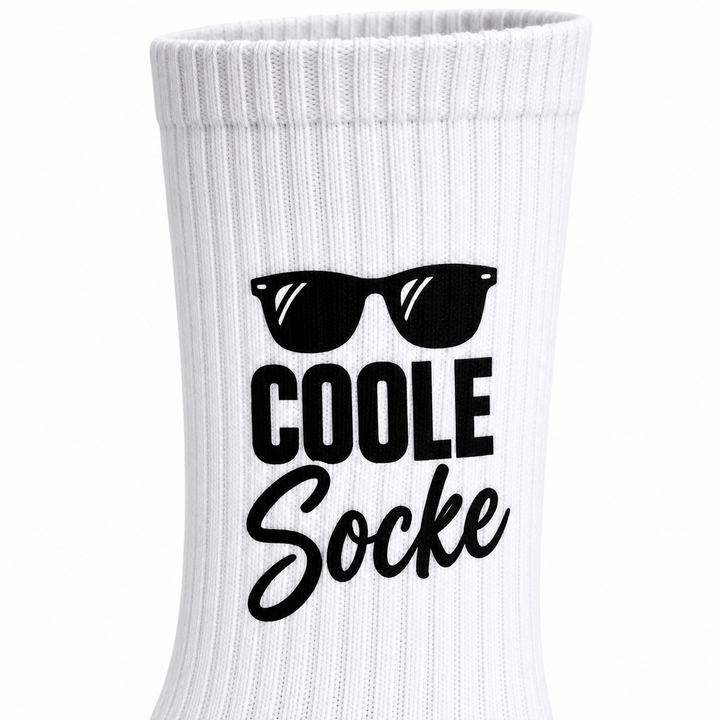 COOLE Socke – weiße Socken mit Sonnenbrille und Druck am Schaft – detail
