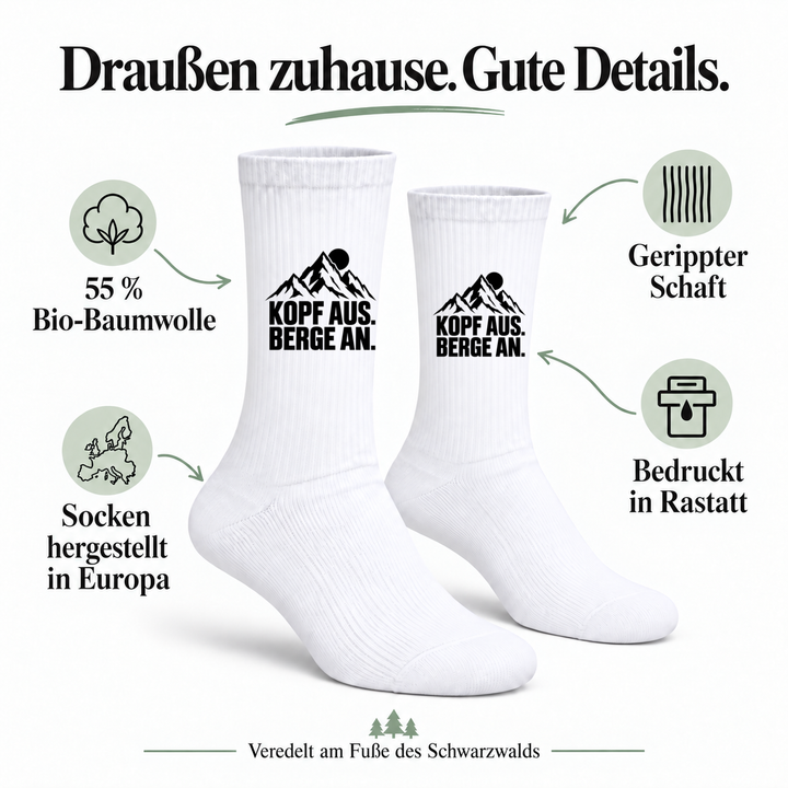 Kopf aus. Berge an. – 55 % Bio-Baumwolle, hergestellt in Europa, bedruckt in Rastatt