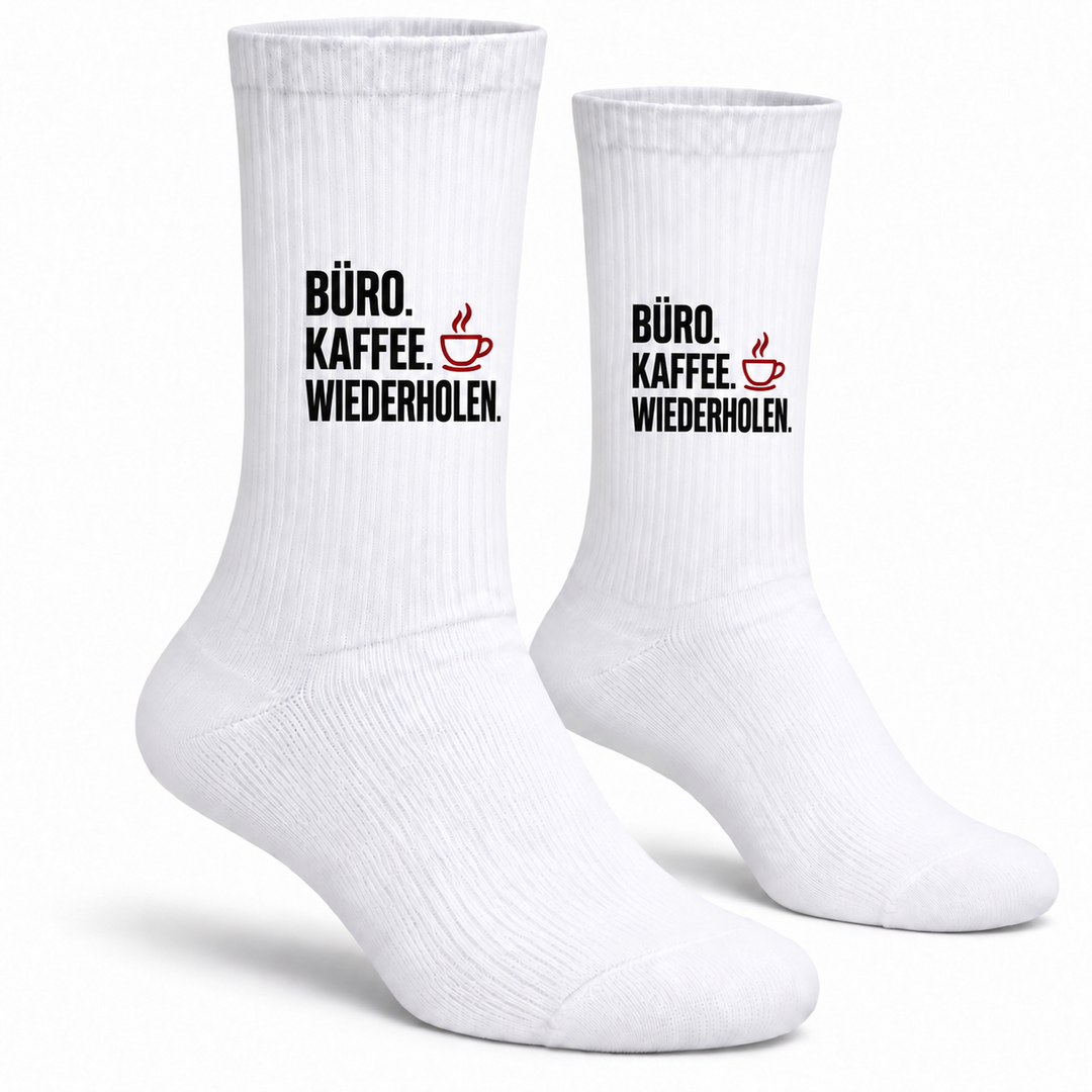Weiße PEPAM Socken mit Aufdruck Büro Kaffee Wiederholen