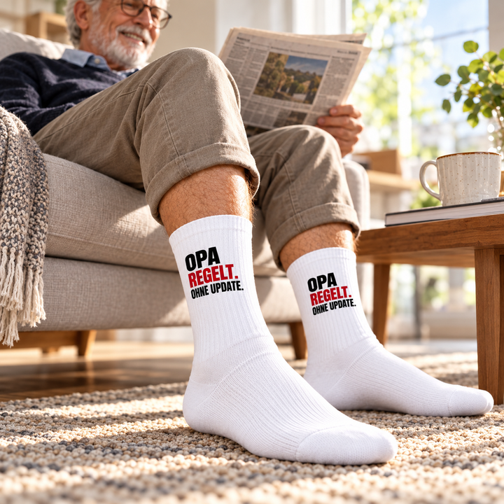 Großvater trägt weiße Opa regelt Socken im Wohnzimmer