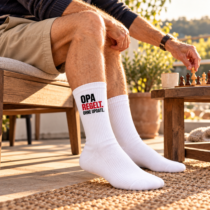 Großvater trägt weiße Opa Socken beim Schachspielen