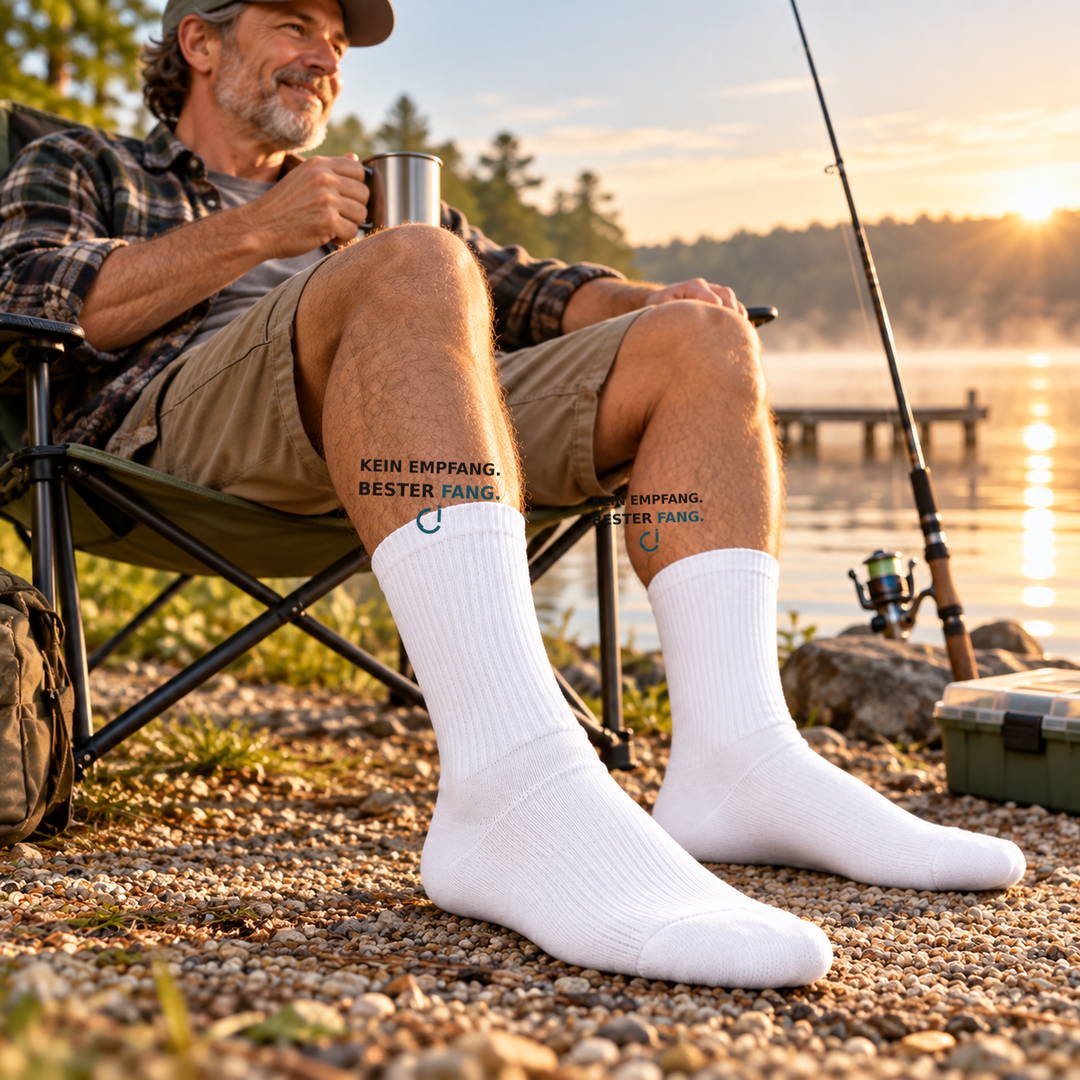 Angler am See trägt weiße PEPAM Socken mit Kein Empfang Bester Fang Motiv