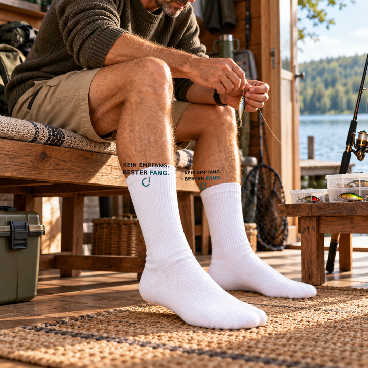 Angler in einer Hütte trägt weiße PEPAM Socken mit Angelmotiv