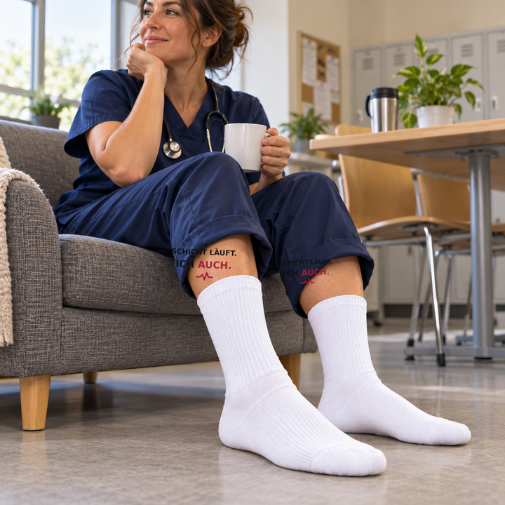 Pflegekraft in blauer Arbeitskleidung trägt weiße Schicht-Socken
