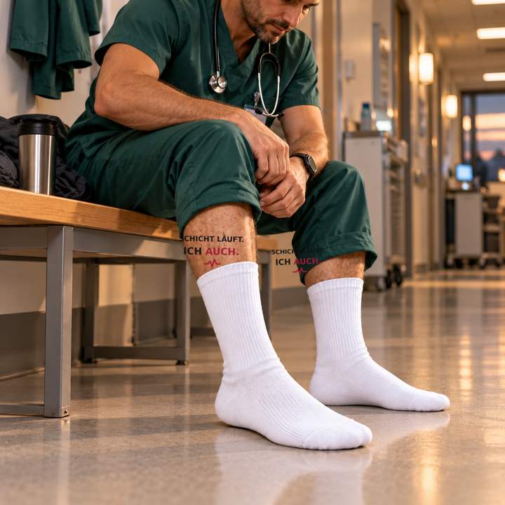Pflegekraft in grüner Arbeitskleidung trägt weiße Socken mit Schichtmotiv