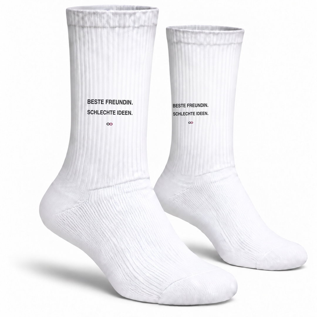Weiße PEPAM Socken mit Aufdruck Beste Freundin Schlechte Ideen