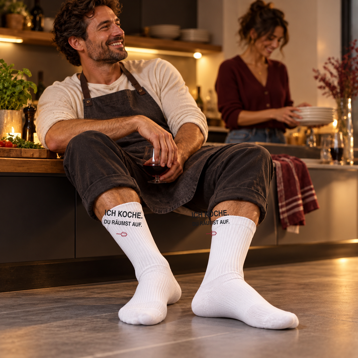 Hobbykoch trägt weiße PEPAM Socken mit Küchen-Spruch