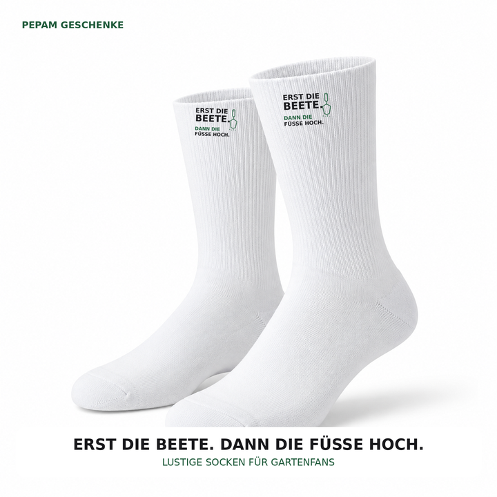 Weiße PEPAM Socken mit Garten-Aufdruck Erst die Beete dann die Füße hoch