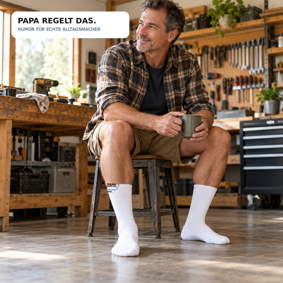 Papa trägt die lustigen weißen Socken in einer Werkstatt
