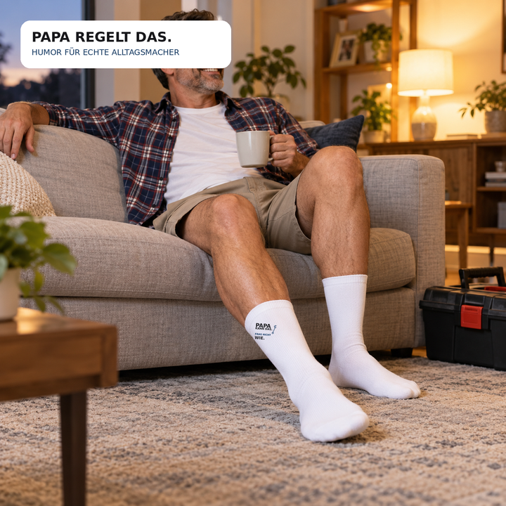 Papa trägt weiße Socken mit Aufdruck Papa kann das. Frag nicht wie.