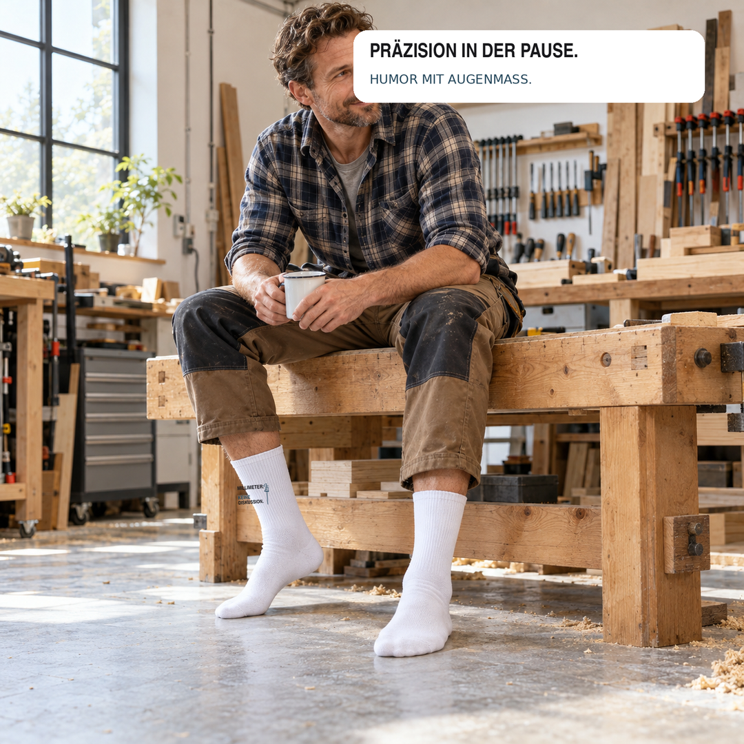 Handwerker trägt weiße Socken mit Millimeter-Spruch in der Werkstatt