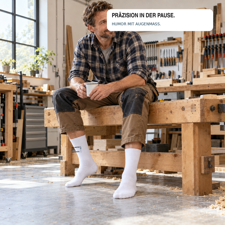 Handwerker trägt weiße Socken mit Millimeter-Spruch in der Werkstatt