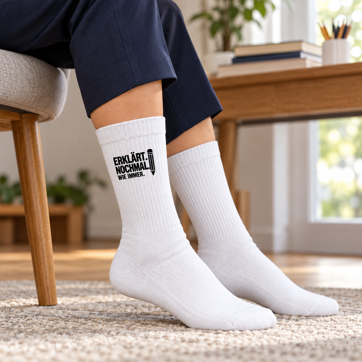 Weiße Lehrer-Socken mit kompaktem Aufdruck am Schreibtisch getragen