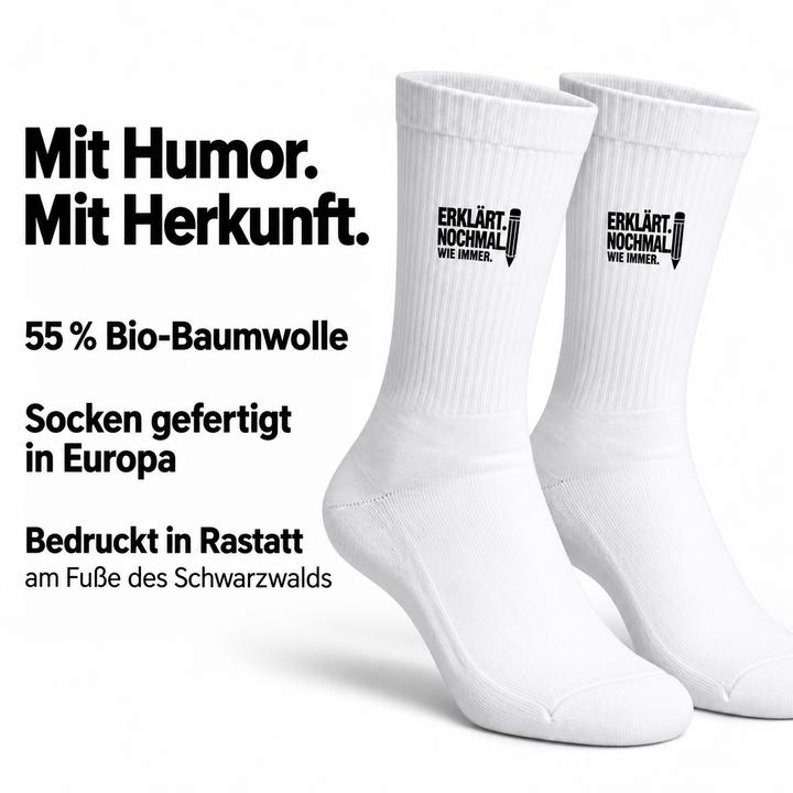 55 Prozent Bio-Baumwolle, Socken gefertigt in Europa und bedruckt in Rastatt