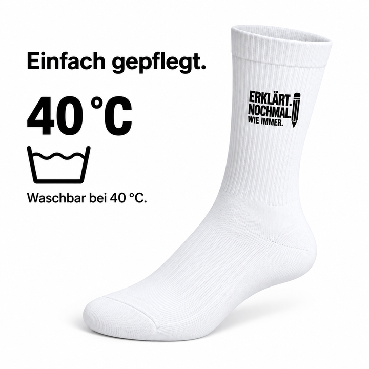 Pflege der weißen Lehrer-Socken: waschbar bei 40 Grad Celsius