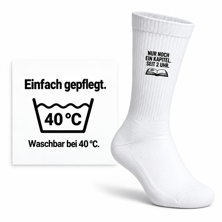 Pflegehinweis für weiße Bücherfan-Socken: waschbar bei 40 Grad Celsius