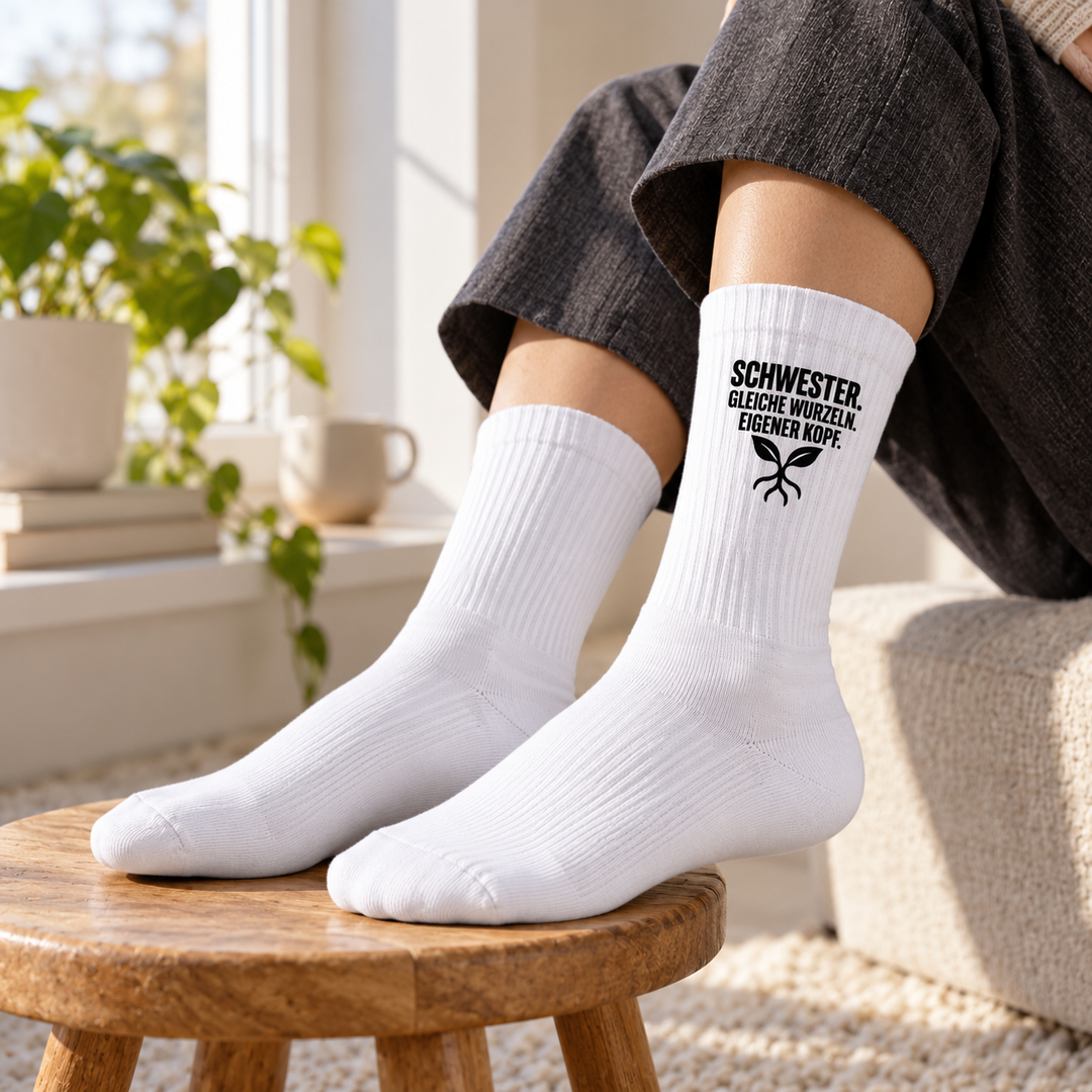 Weiße Schwester-Socken im Alltag mit kompaktem Aufdruck, Füße auf einem Holzschemel