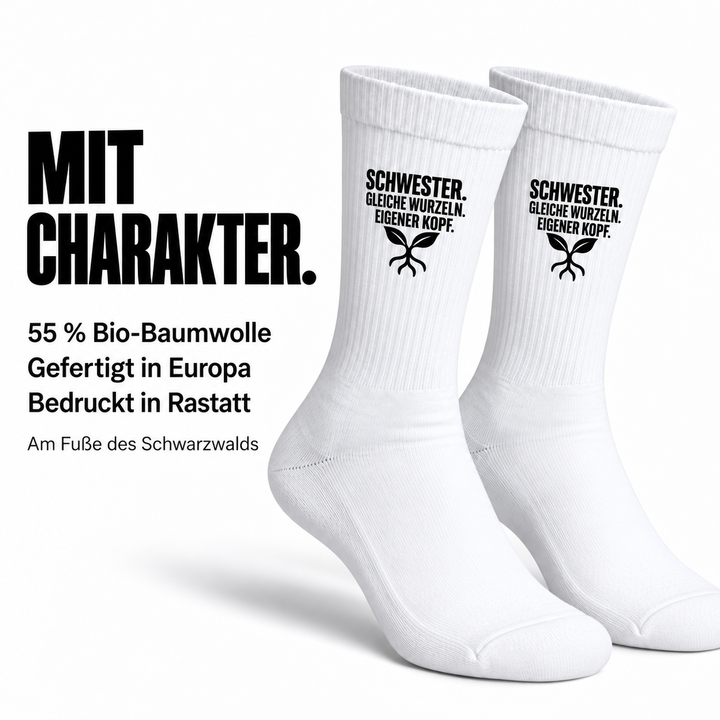 55 Prozent Bio-Baumwolle, Socken gefertigt in Europa und bedruckt in Rastatt