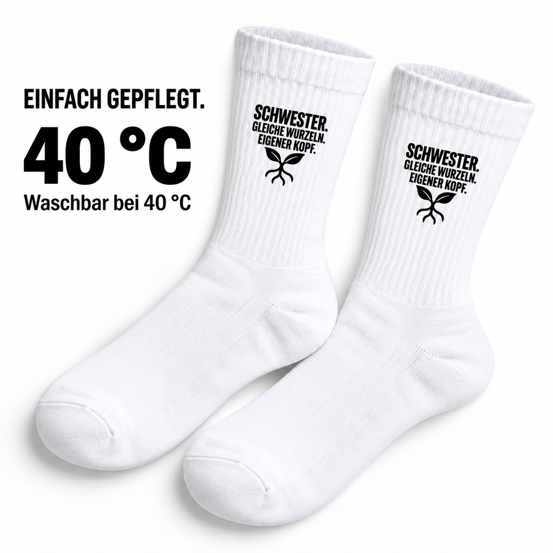 Pflegehinweis für Schwester-Socken: waschbar bei 40 Grad Celsius