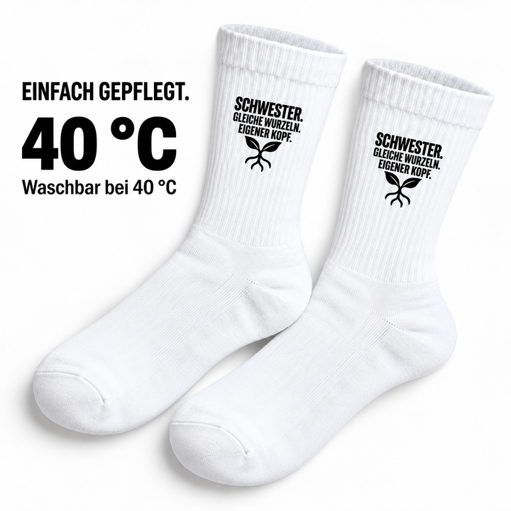 Pflegehinweis für Schwester-Socken: waschbar bei 40 Grad Celsius