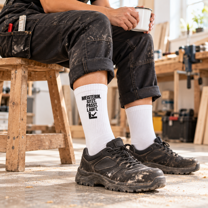 Handwerkerin trägt weiße Meisterin-Socken mit kompaktem schwarzem Aufdruck in einer Werkstatt