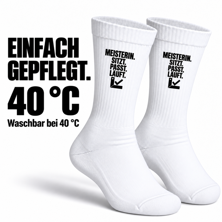 Pflegehinweis für Meisterin-Socken: waschbar bei 40 Grad Celsius