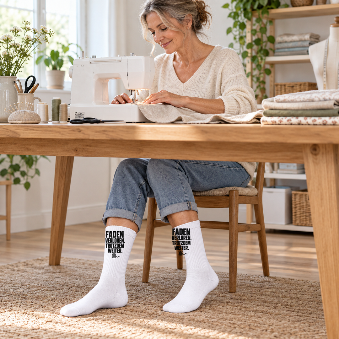 Frau beim Nähen mit weißen Faden-verloren-Socken