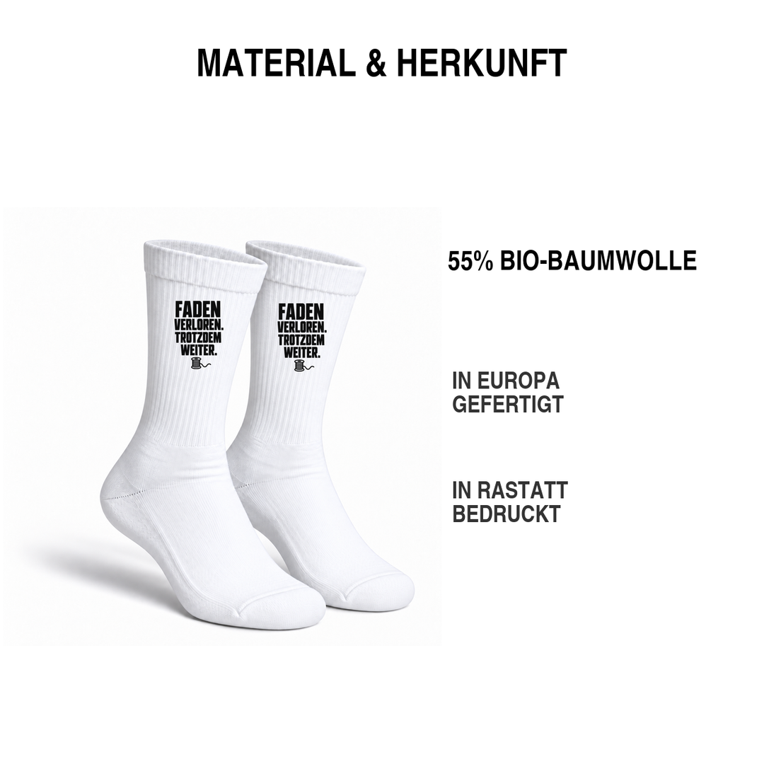 Näh-Socken aus 55 Prozent Bio-Baumwolle, in Europa gefertigt und in Rastatt bedruckt