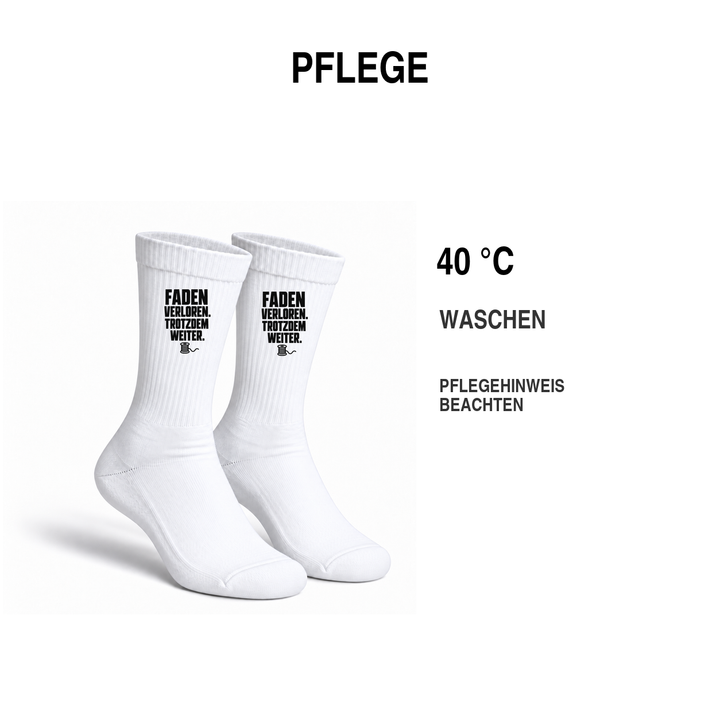 Pflegehinweis für Näh-Socken: waschbar bei 40 Grad Celsius