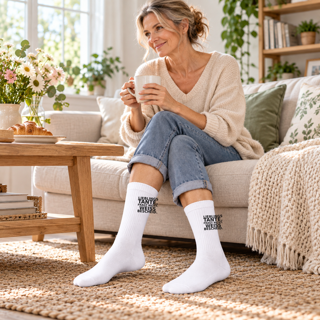 Frau beim Kaffee mit weißen Lieblingstante-Socken im Wohnzimmer