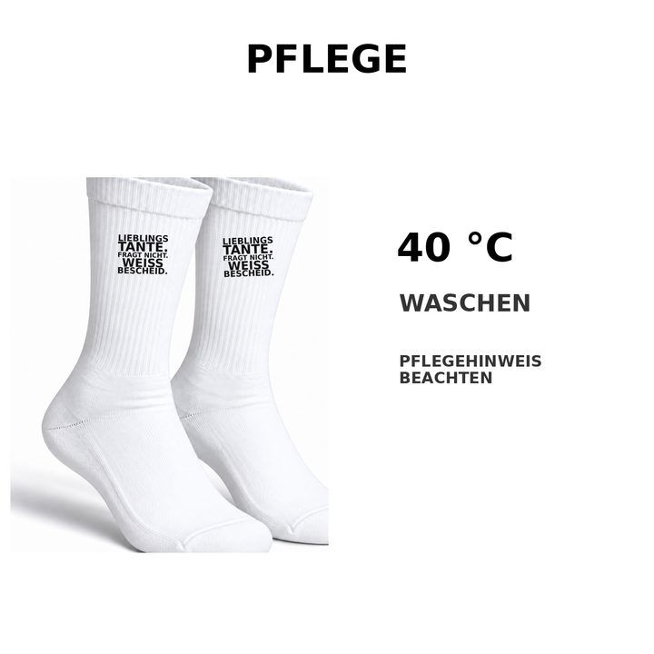 Pflegehinweis für Tante-Socken: waschbar bei 40 Grad Celsius