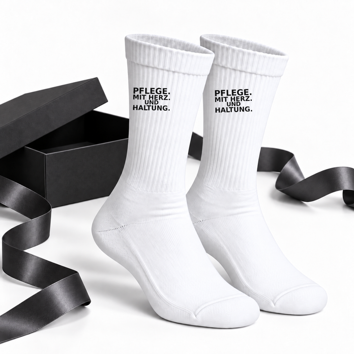Pflege-Socken als Geschenkidee neben schwarzer Geschenkbox