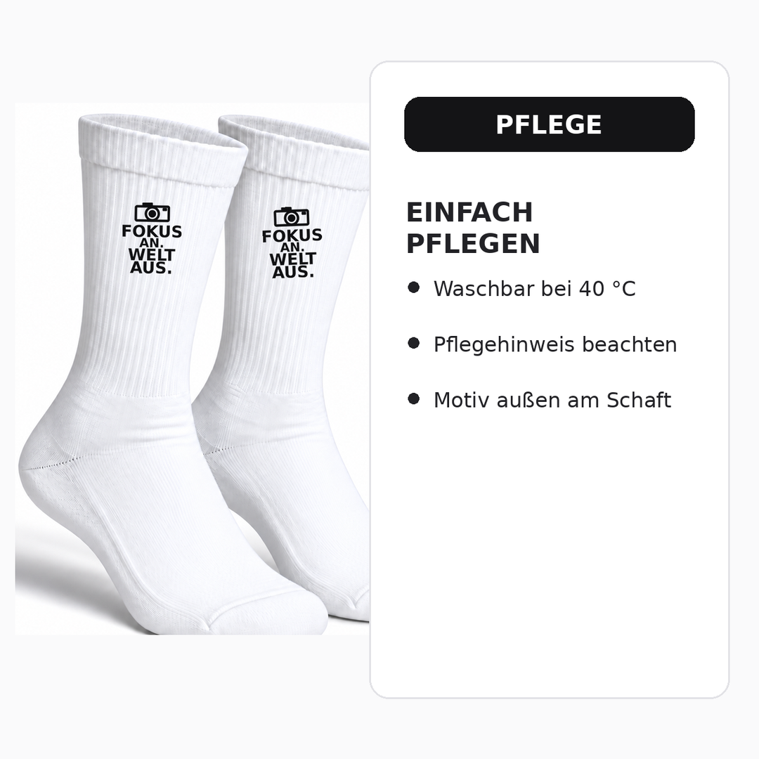 Pflegehinweis für Fotografen-Socken: waschbar bei 40 Grad Celsius